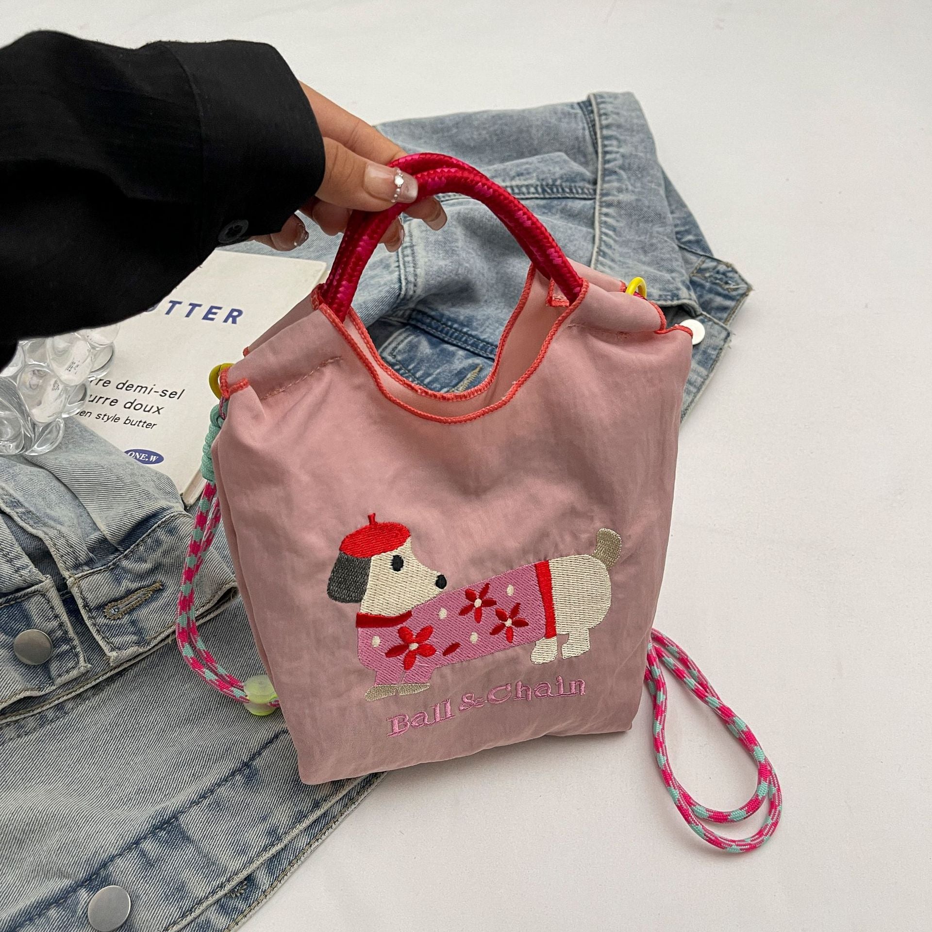 Cute Dachshund Dog Ball Chain Cloth Bag Women's Trendy Shoulder Messenger Bag