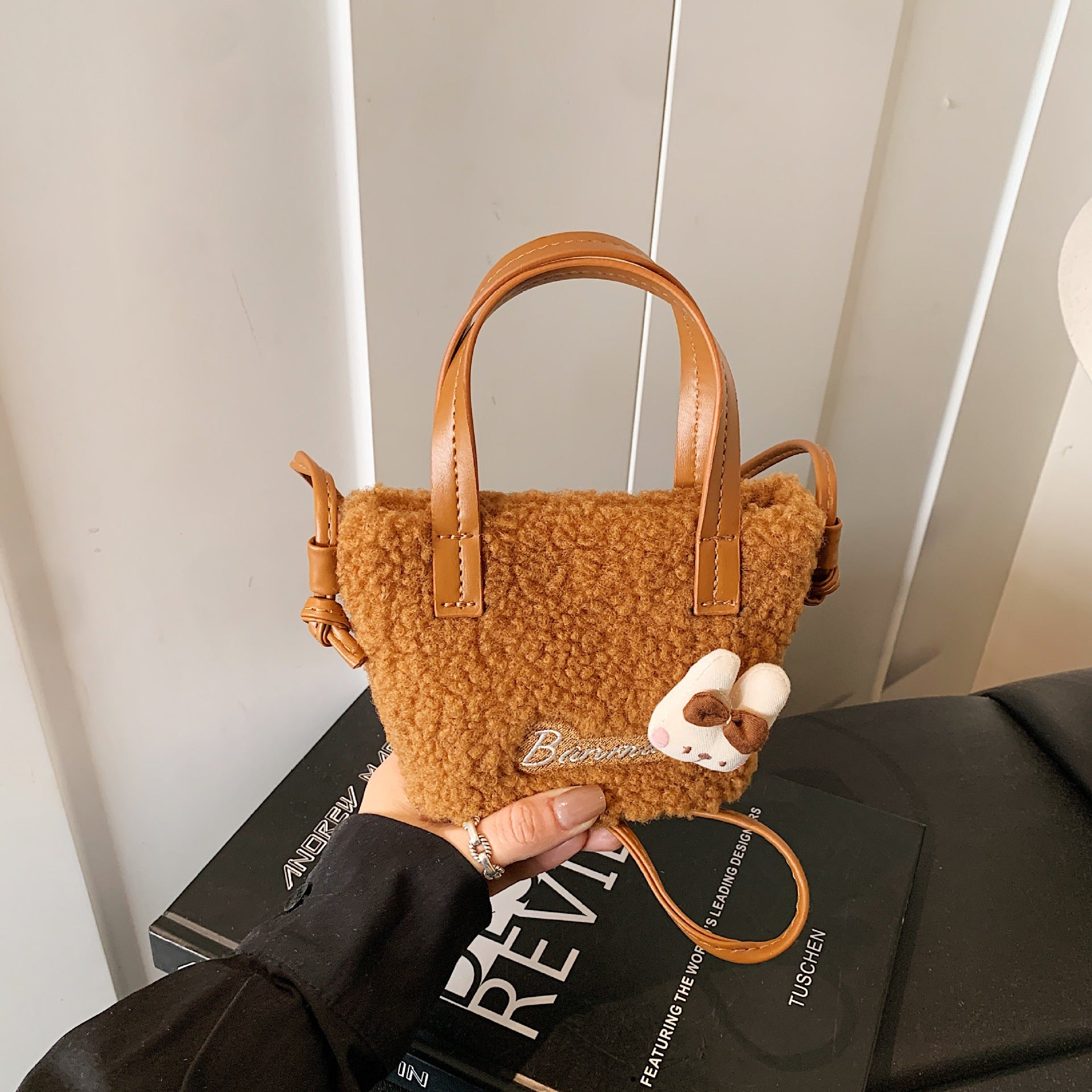 Cute Cartoon Plush Shoulder Bag Fashionable Splicing Handbag