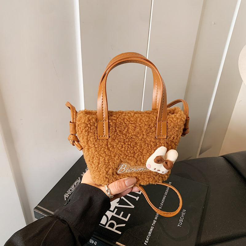 Cute Cartoon Plush Shoulder Bag Fashionable Splicing Handbag