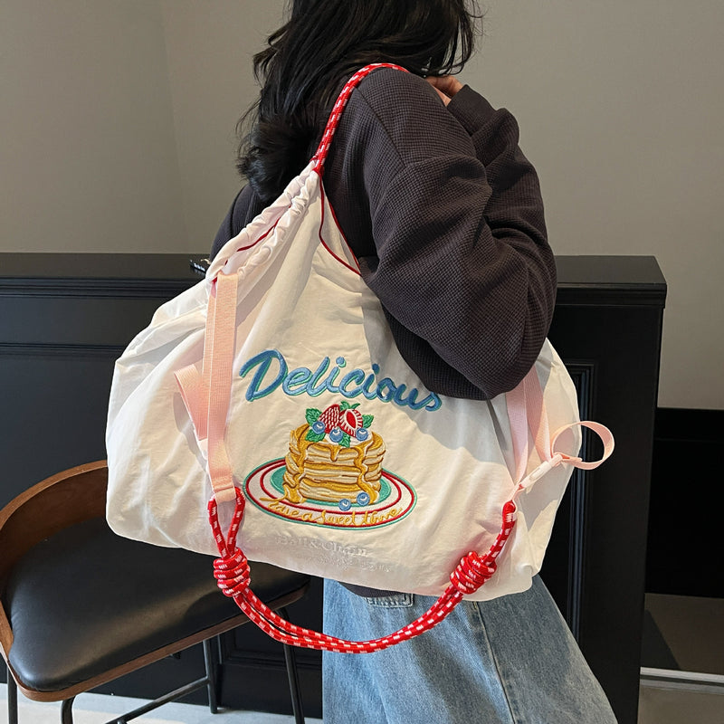 Nylon Embroidered Shoulder Tote Bag for Women