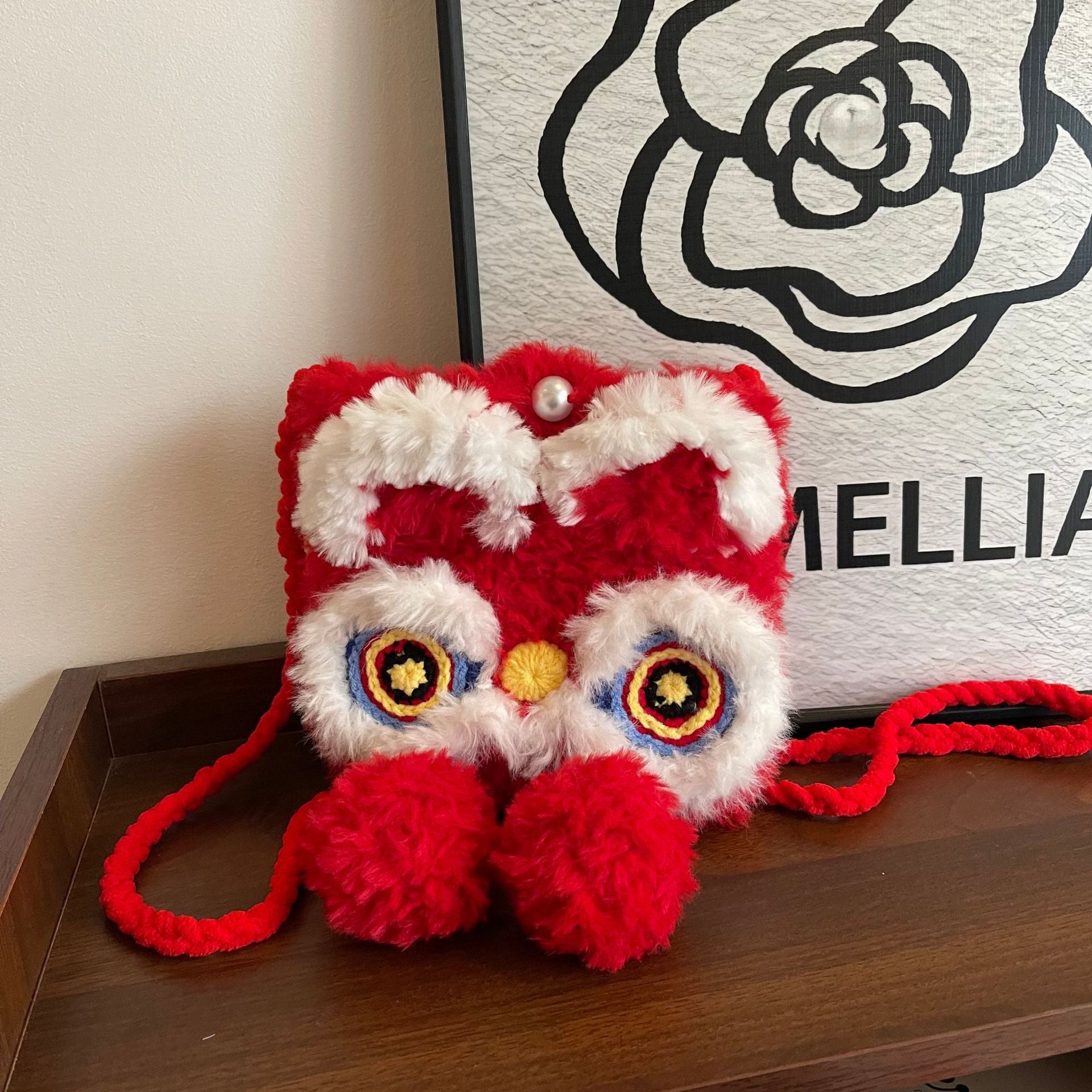 Guochao Lion Dance Wool Knitted Phone Bag Festive Cute New Year Messenger
