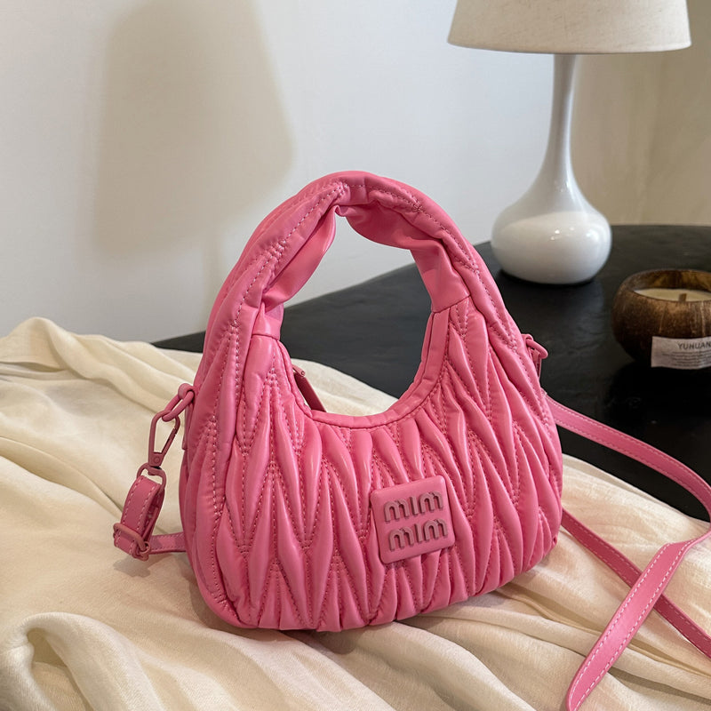 Pleated Crescent Dumpling Embroidered Bowling Shoulder Bag