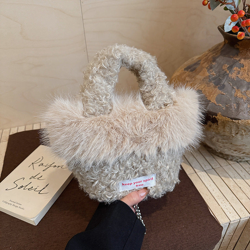 Trendy Plush Splicing Bucket Bag Messenger Shoulder Bag