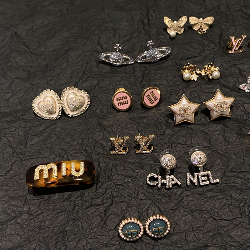 Star Double C Diamond Stud Earrings - Celebrity Style Antique Design