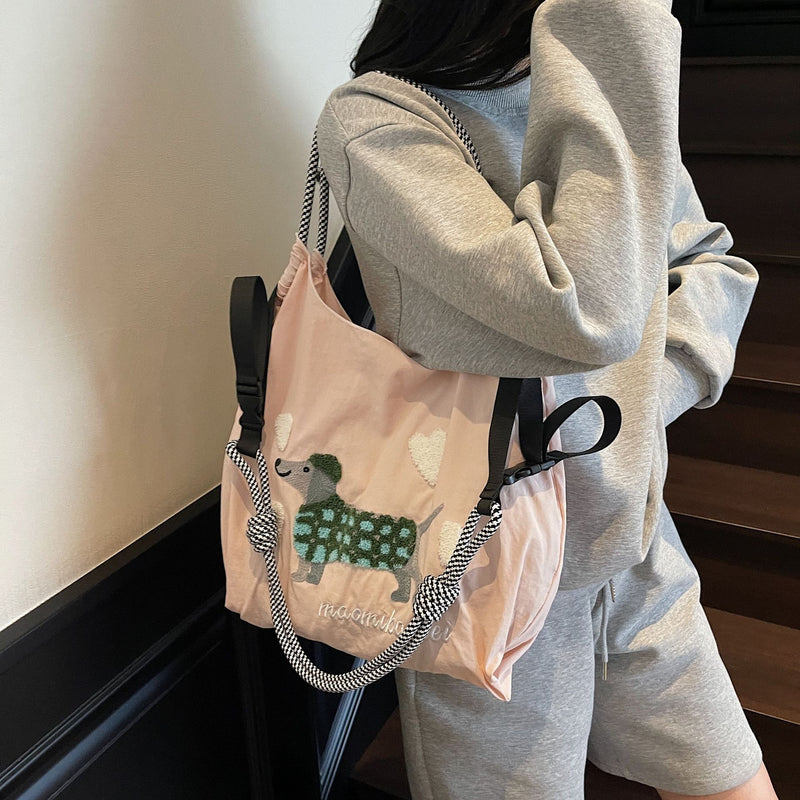 Nylon Dog Embroidery Handbag Folding Shoulder Cartoon Large Capacity Messenger Bag