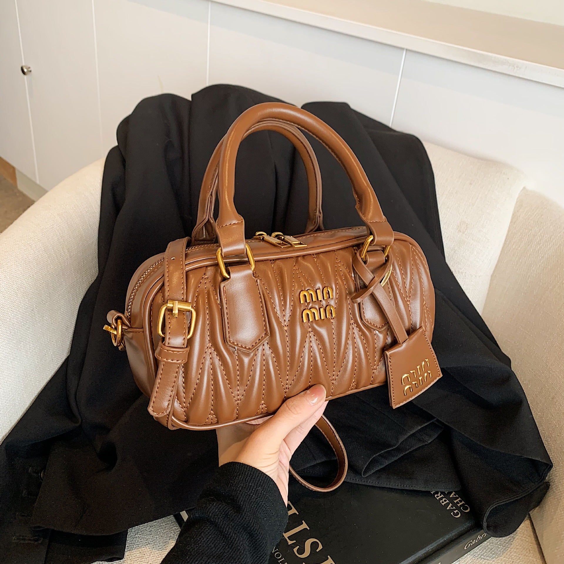 Luxury Pleated Embroidery Bowling Shoulder Bag