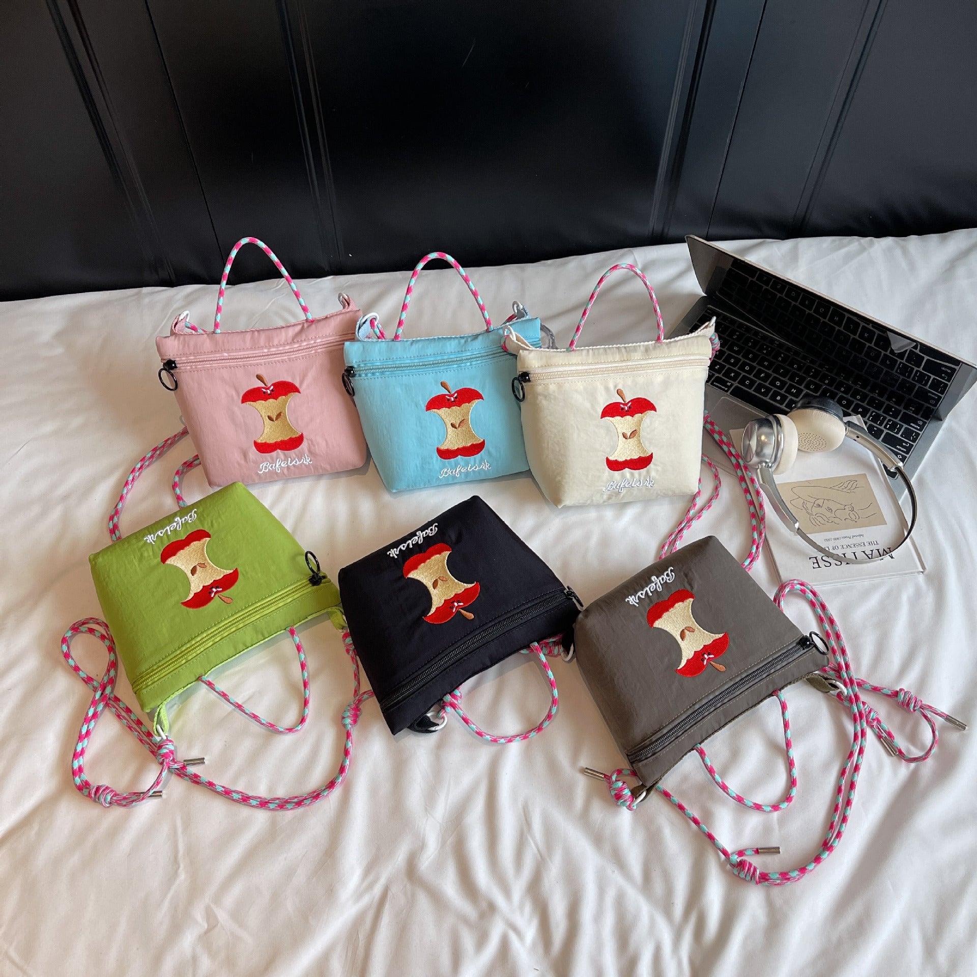 Apple Embroidered Nylon Messenger Bag for Women