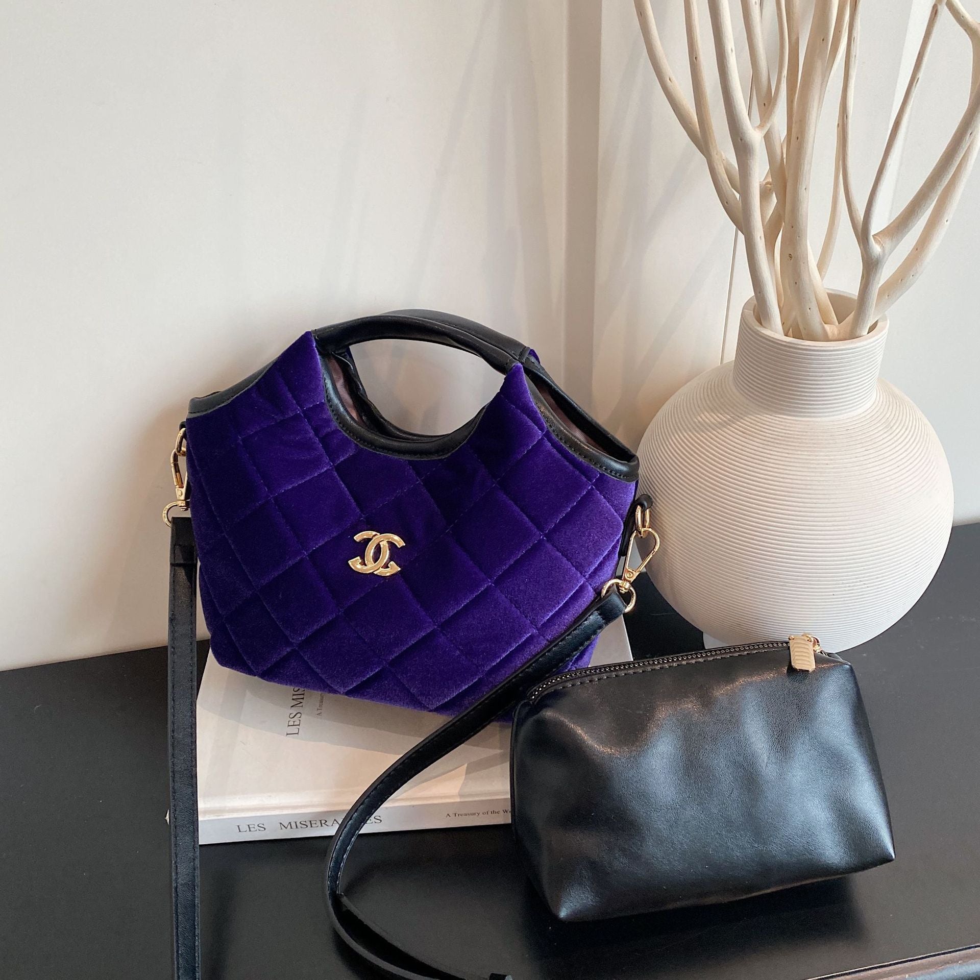 Light Luxury Wool Shoulder Basket Messenger Bucket Bag