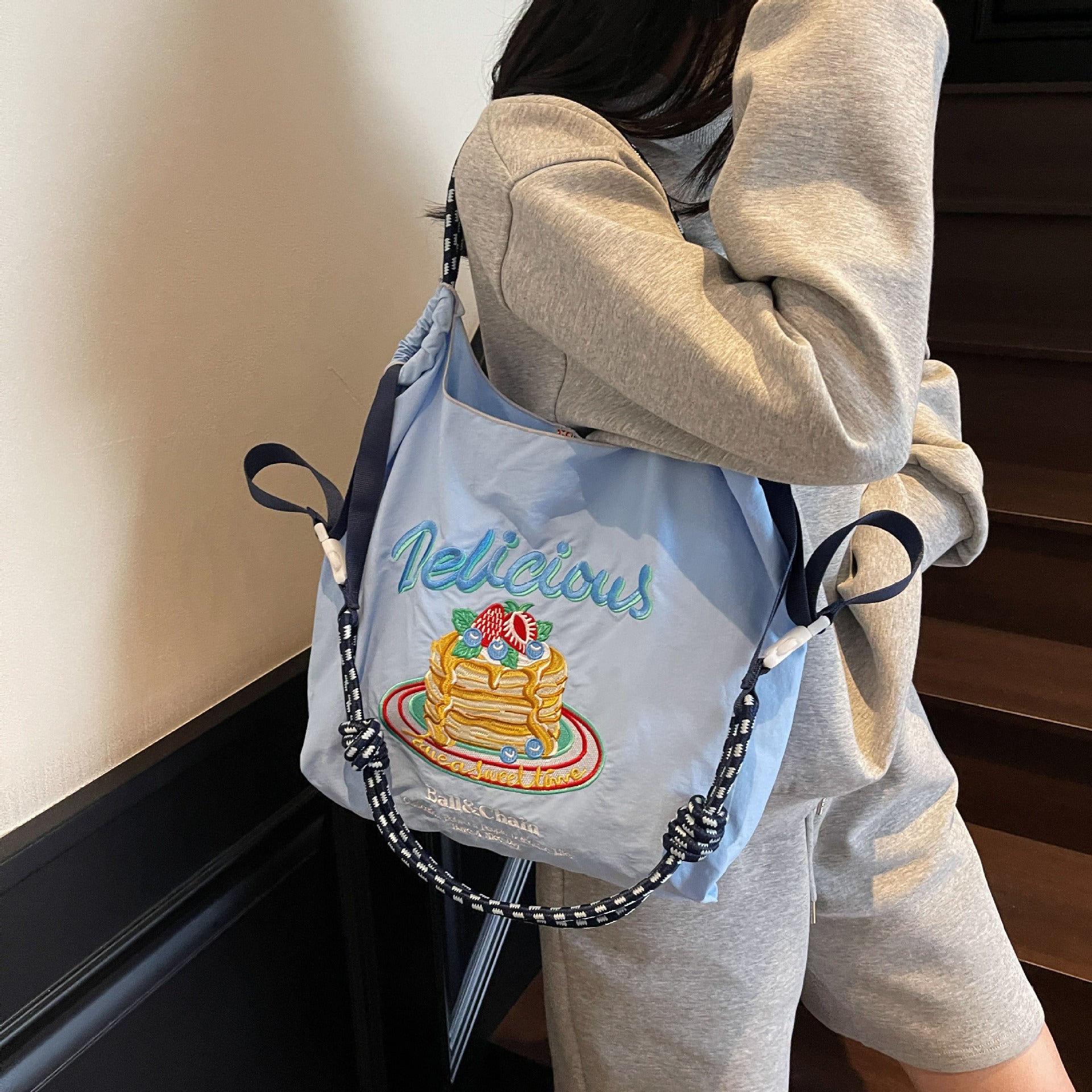 Nylon Embroidered Shoulder Tote Bag for Women