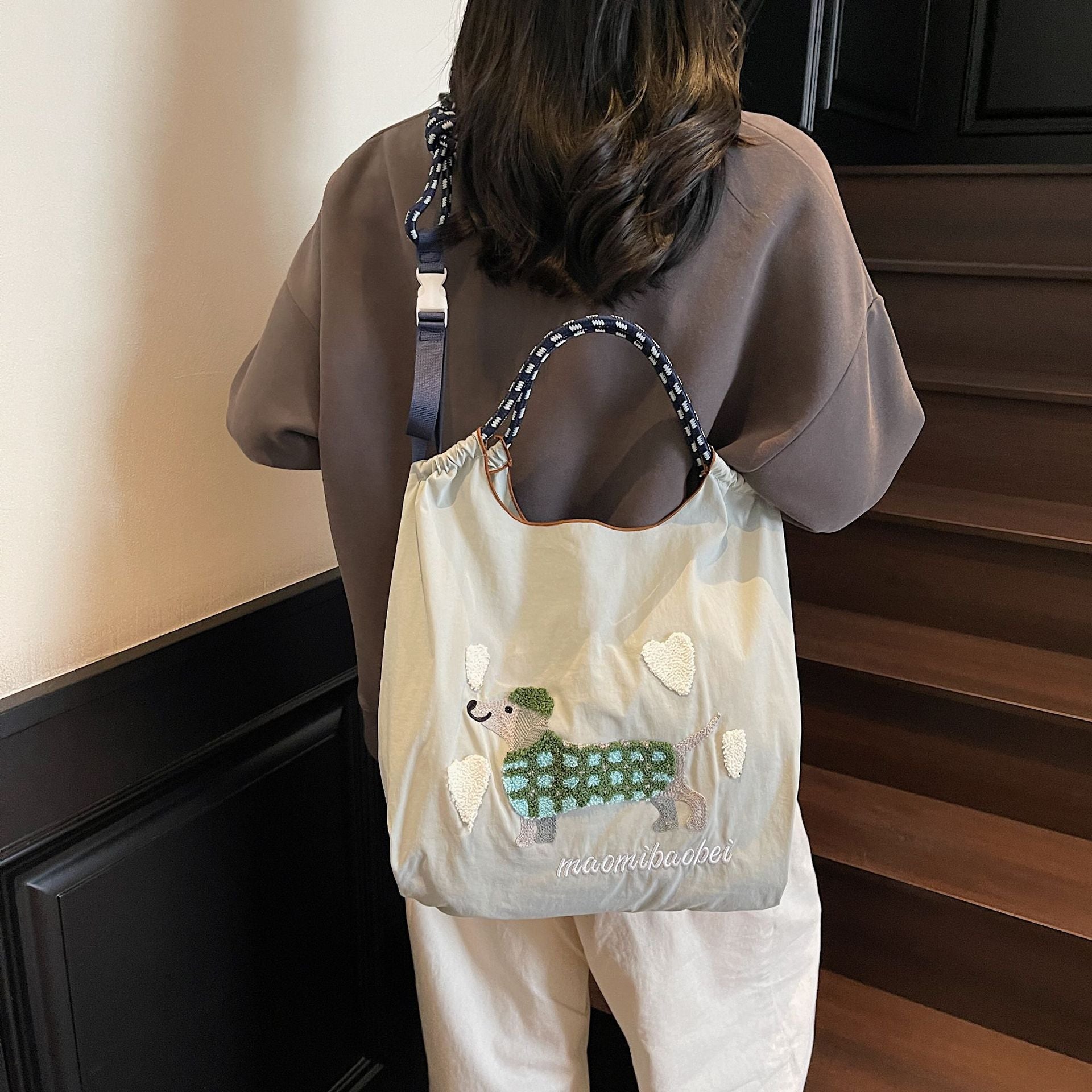 Nylon Dog Embroidery Handbag Folding Shoulder Cartoon Large Capacity Messenger Bag