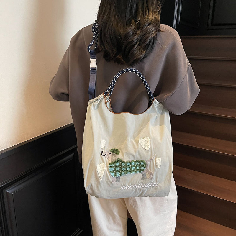 Nylon Dog Embroidery Handbag Folding Shoulder Cartoon Large Capacity Messenger Bag