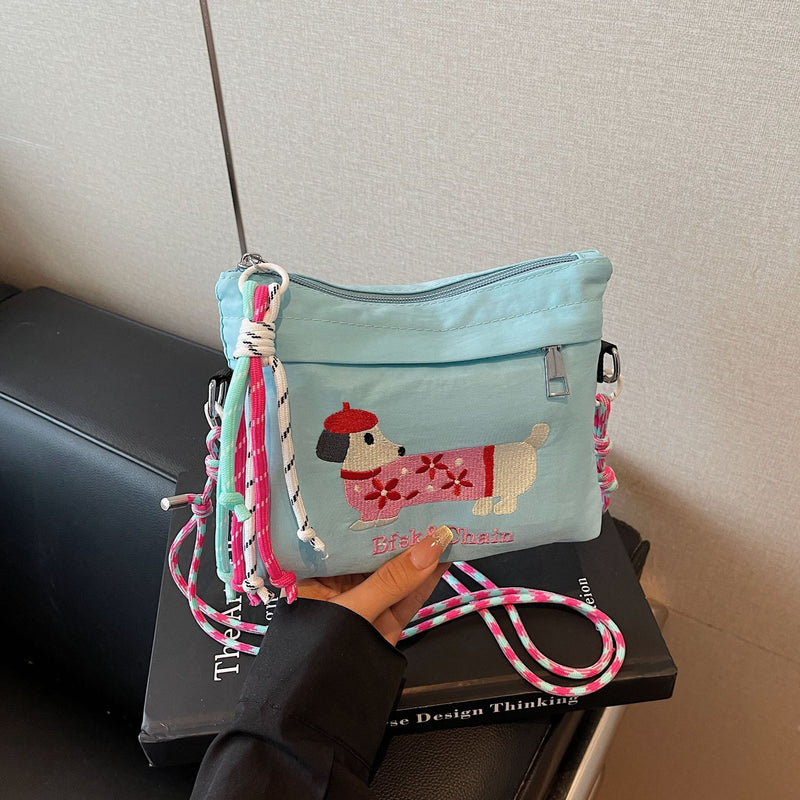 Cartoon Dachshund Embroidered Dog Bag Eco-Friendly Commuter Messenger Bag