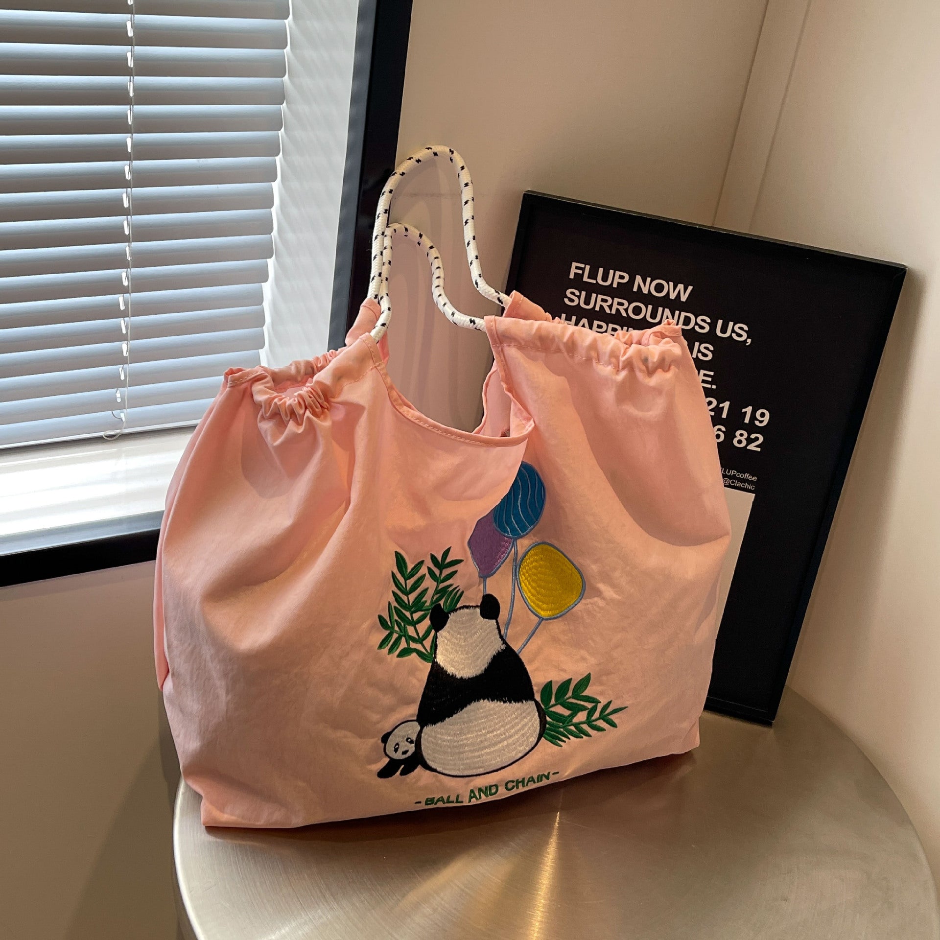 Panda Embroidery Eco Nylon Shoulder Bag