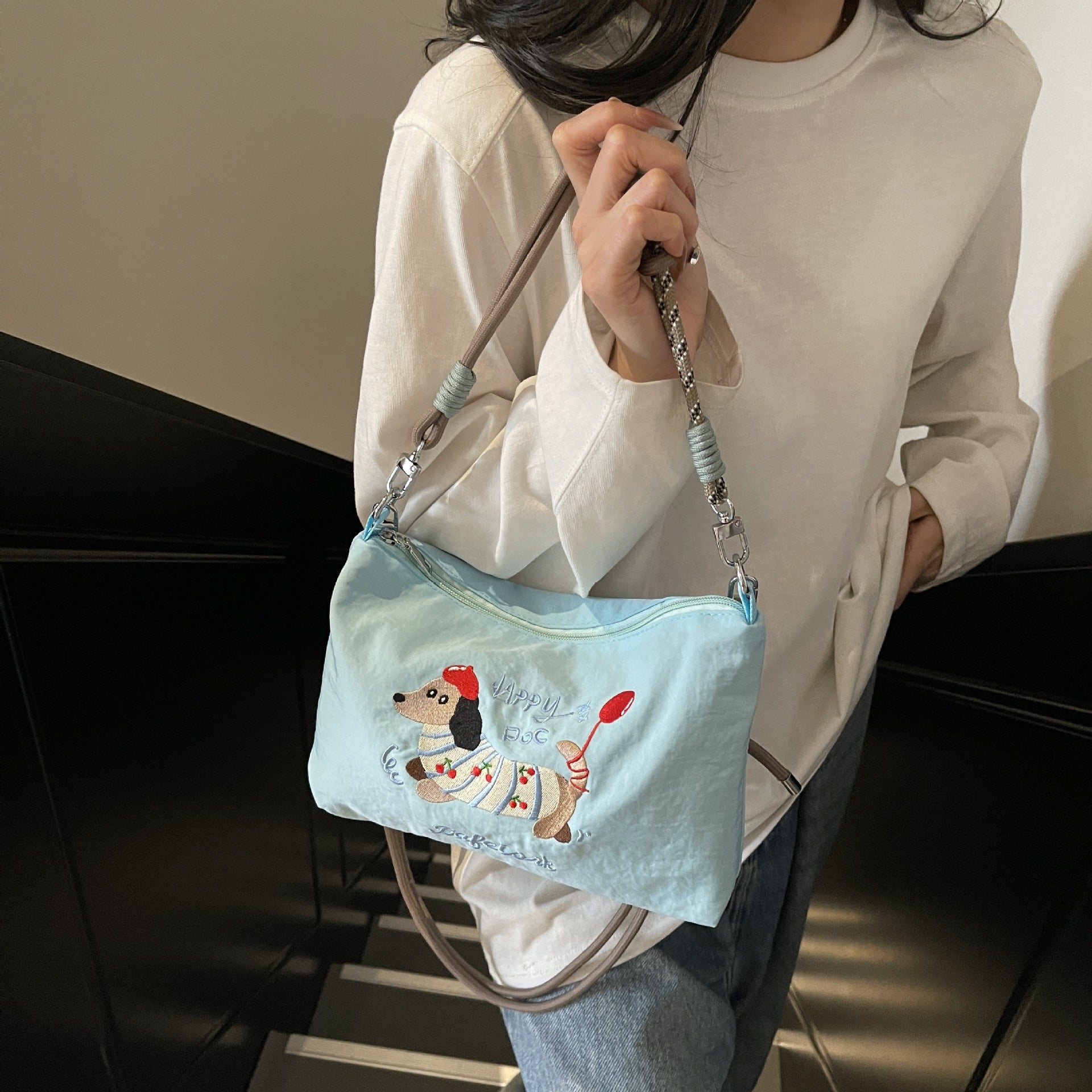 Cute Dachshund Embroidery Shoulder Bag with Ball Chain