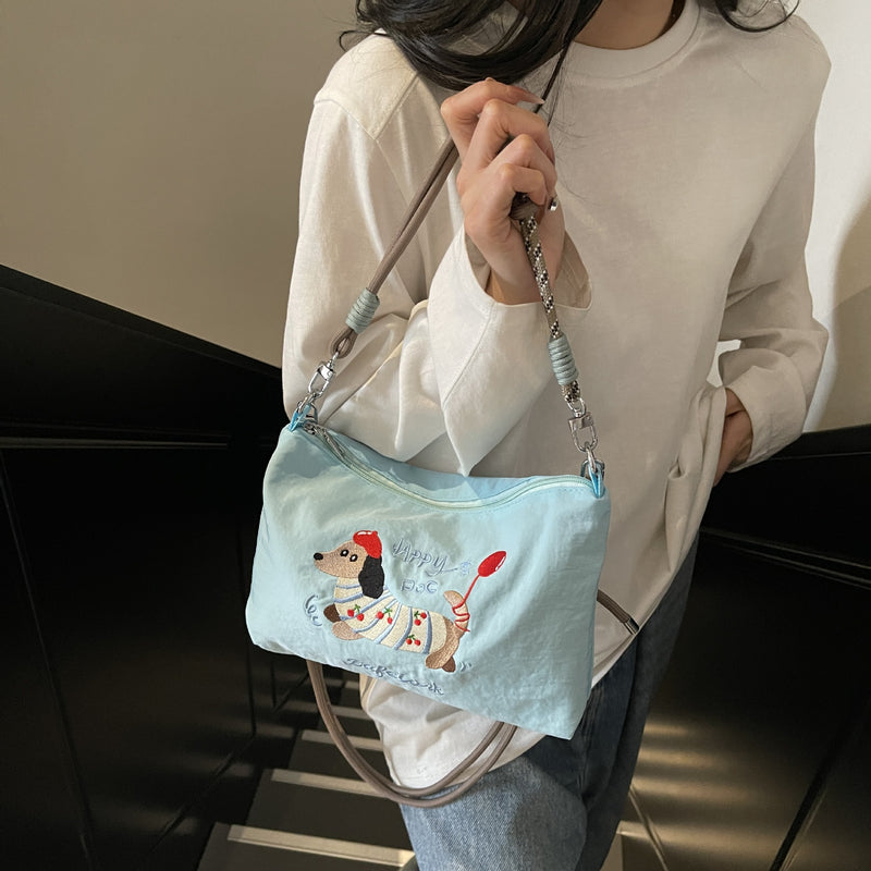 Cute Dachshund Embroidery Shoulder Bag with Ball Chain