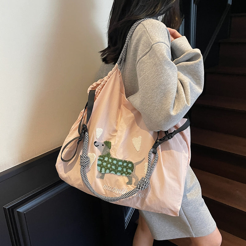Nylon Dog Embroidery Handbag Folding Shoulder Cartoon Large Capacity Messenger Bag