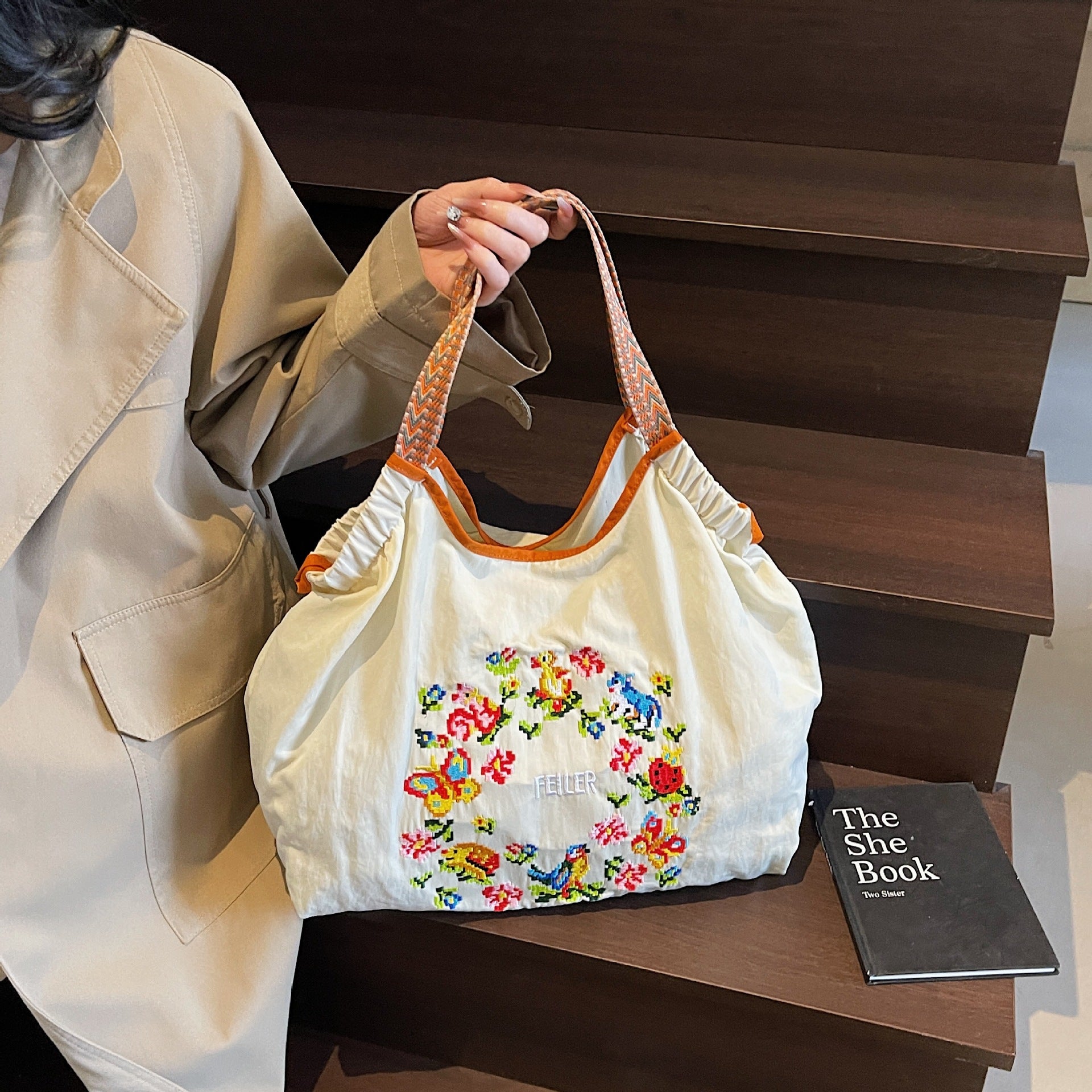 Nylon Embroidered Ball Chain Shoulder Bags for Women