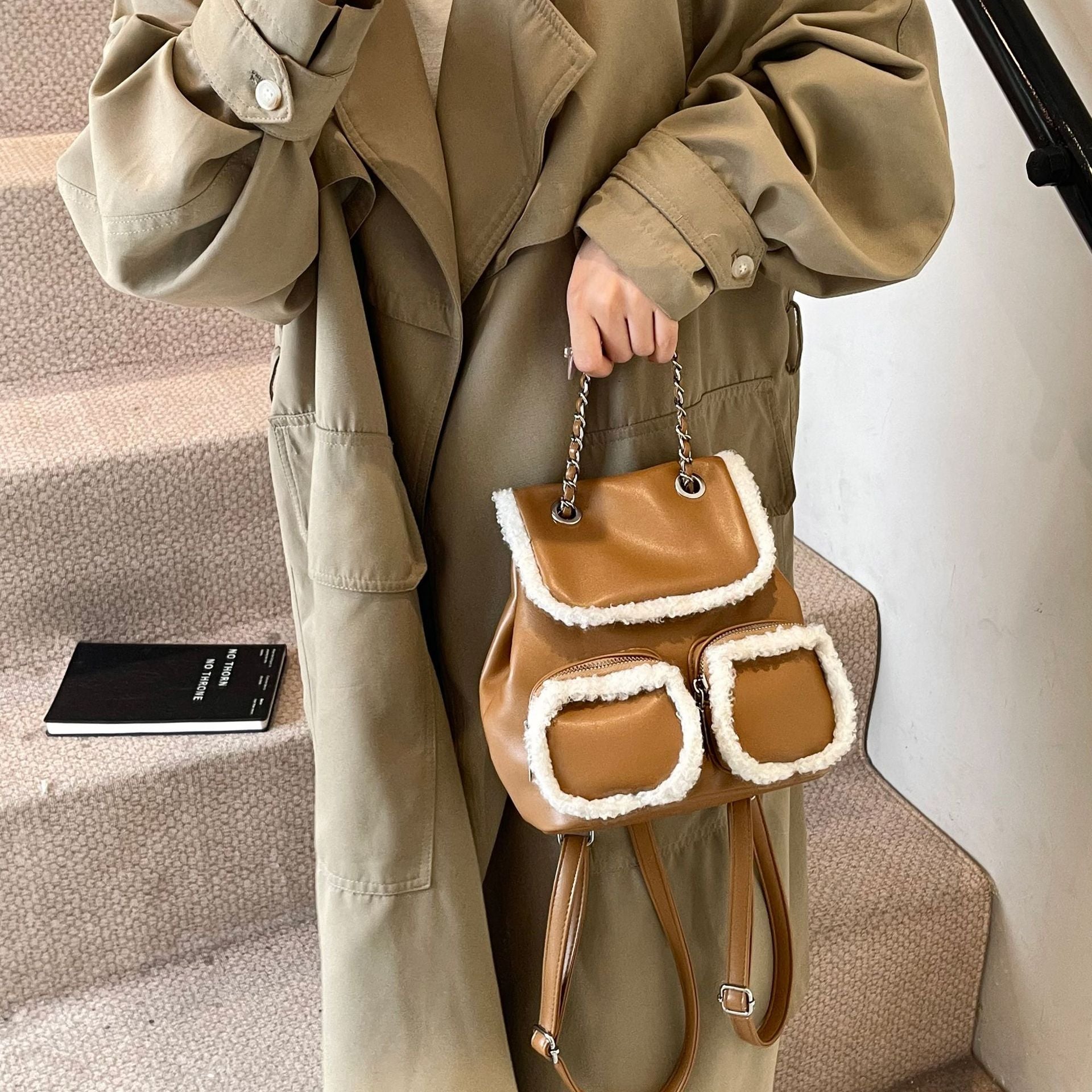Retro Contrast Color Plush Backpack Fashionable Large Capacity