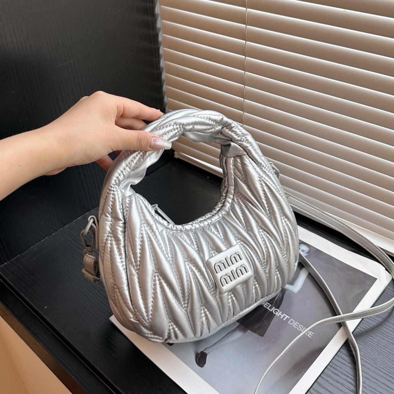 Pleated Crescent Dumpling Embroidered Bowling Shoulder Bag