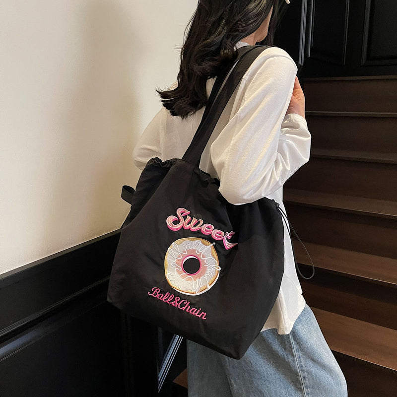 Donut Embroidery Tote Bag with Ball Chain for Women