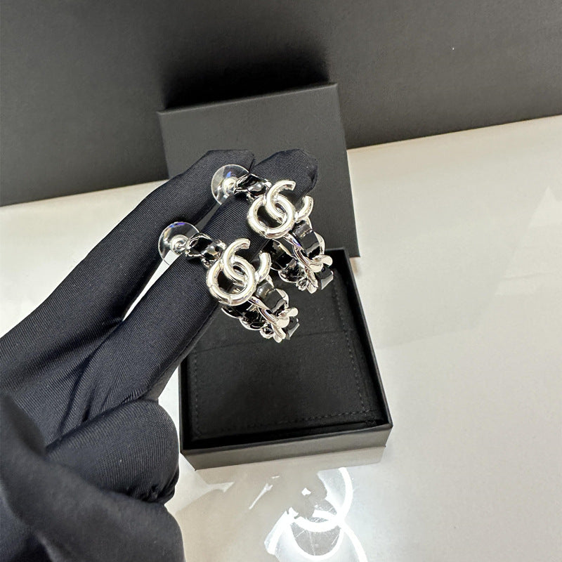 Premium Leather Stud Earrings for Grandma - Light Luxury Double C Design