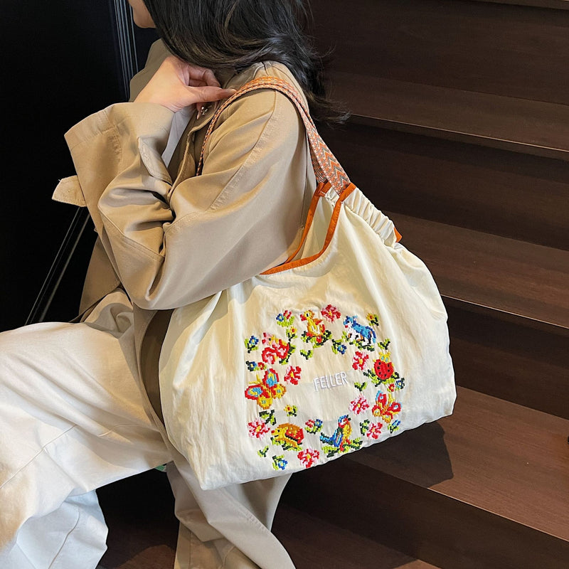 Nylon Embroidered Ball Chain Shoulder Bags for Women
