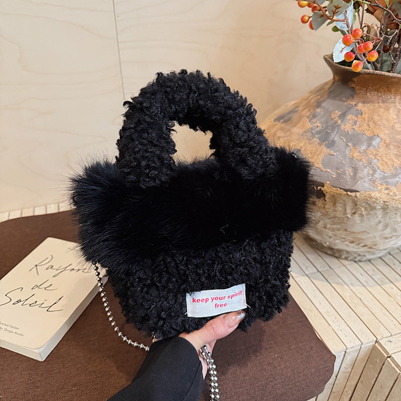 Trendy Plush Splicing Bucket Bag Messenger Shoulder Bag