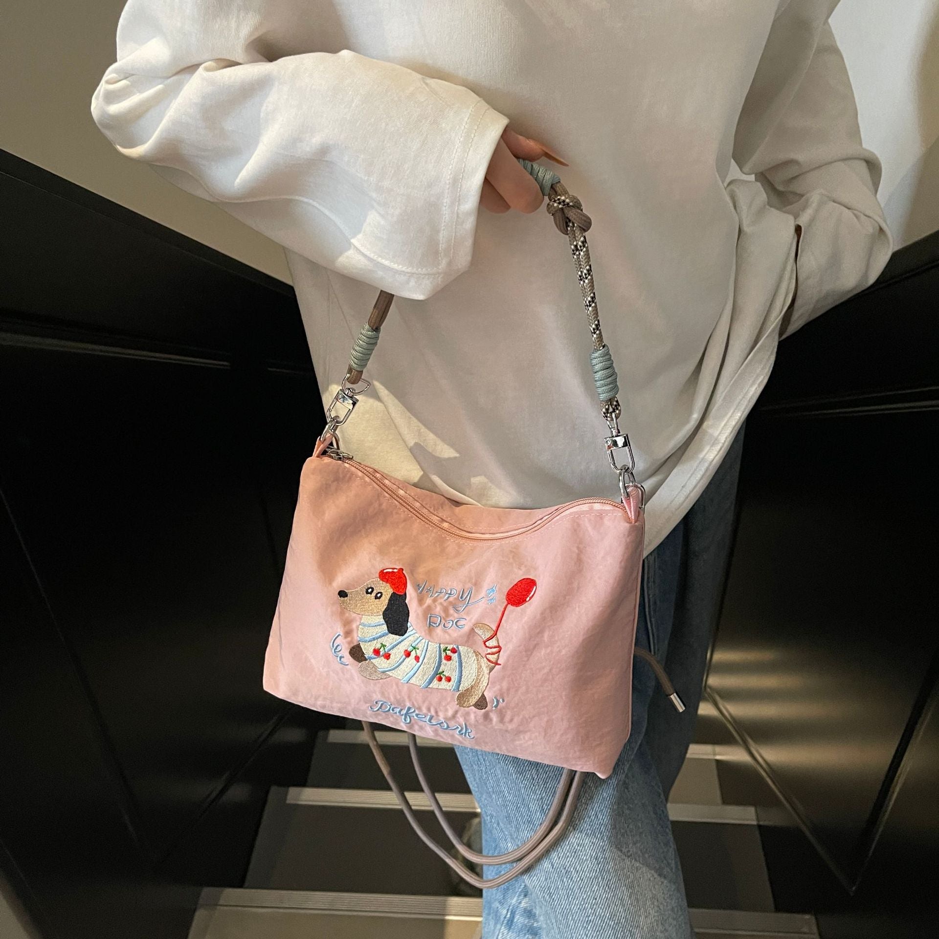 Cute Dachshund Embroidery Shoulder Bag with Ball Chain
