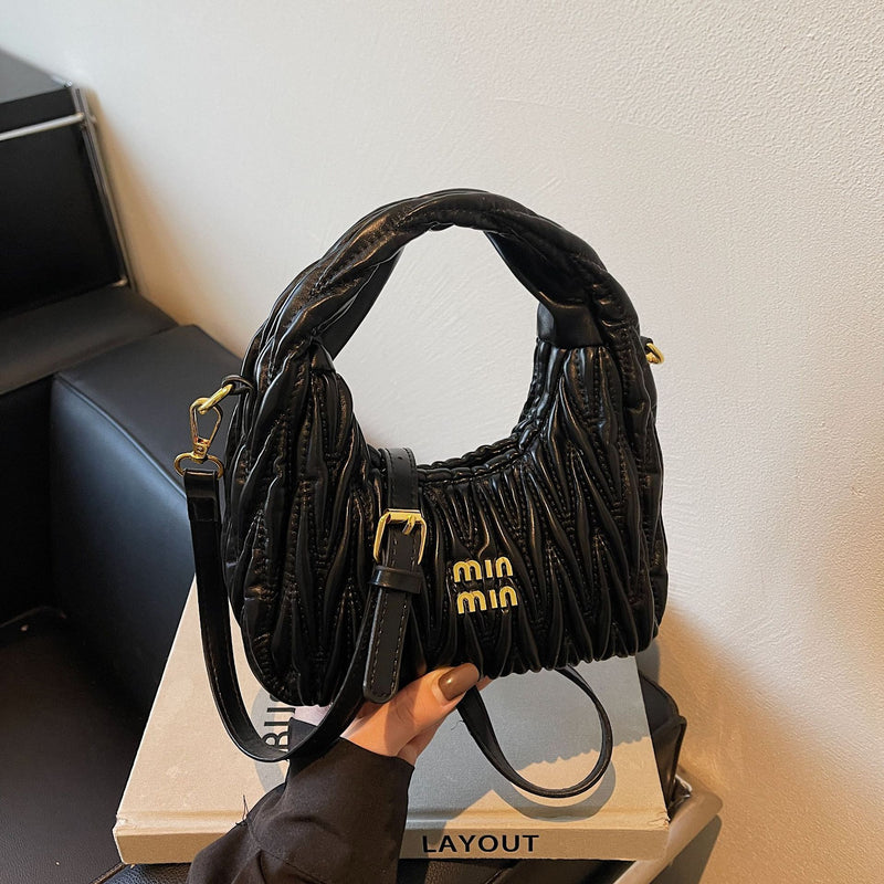 Miu Pleated Cloud Embroidery Crescent Shoulder Bag