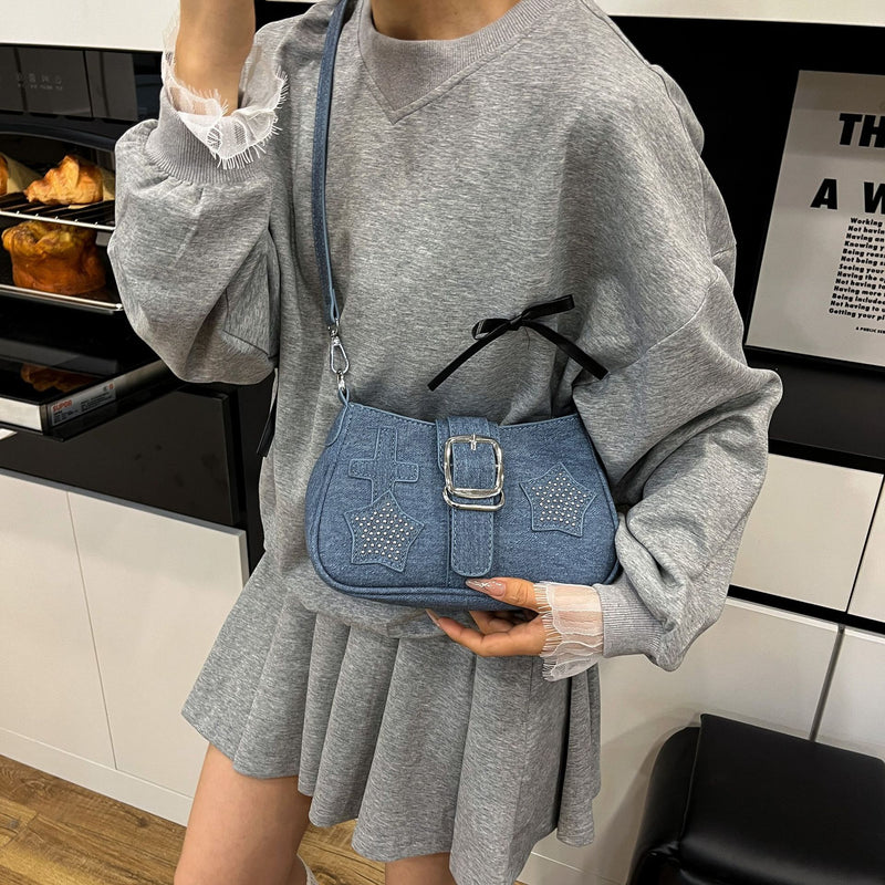Personalized Denim Star Chain Shoulder Bag for Women