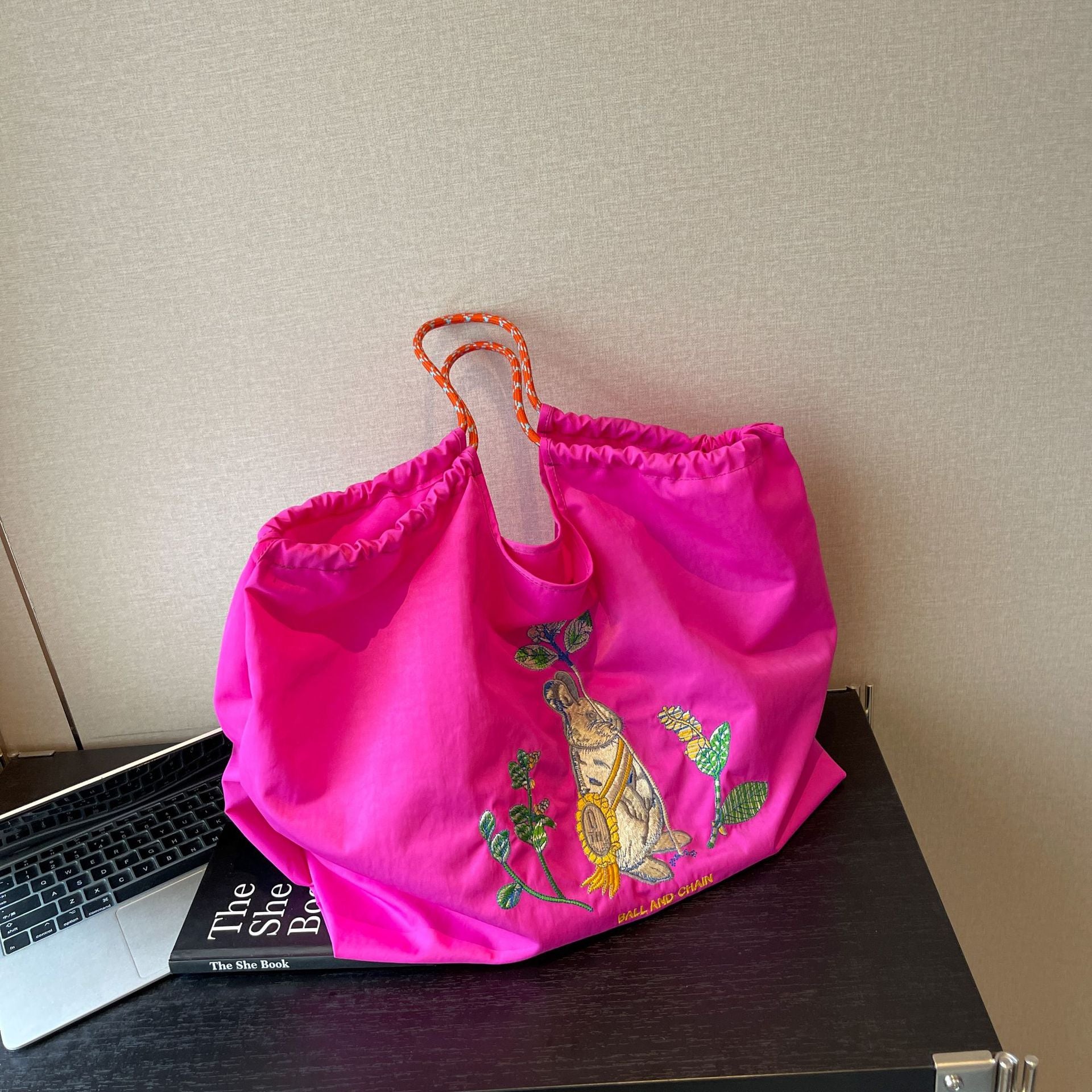 Rabbit Embroidery Shoulder Bag with Drawstring Chain