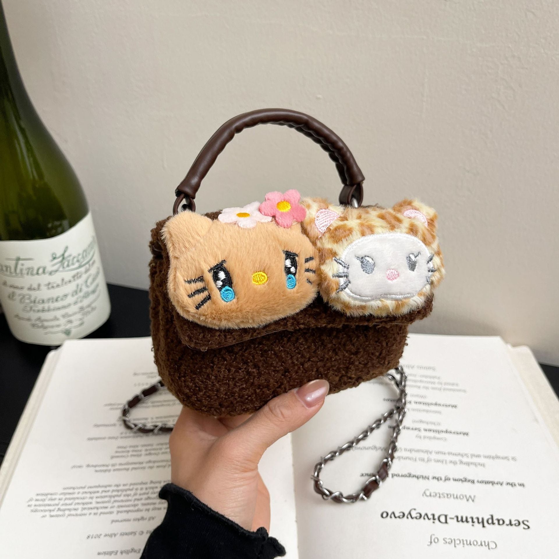Cute Cartoon Flower Cat Plush Chain Shoulder Bag