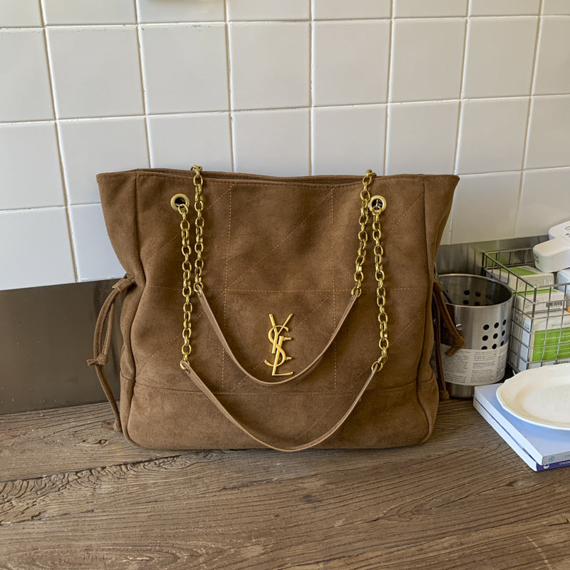 Vintage Suede Chain Tote Large Shoulder Commuter Bag