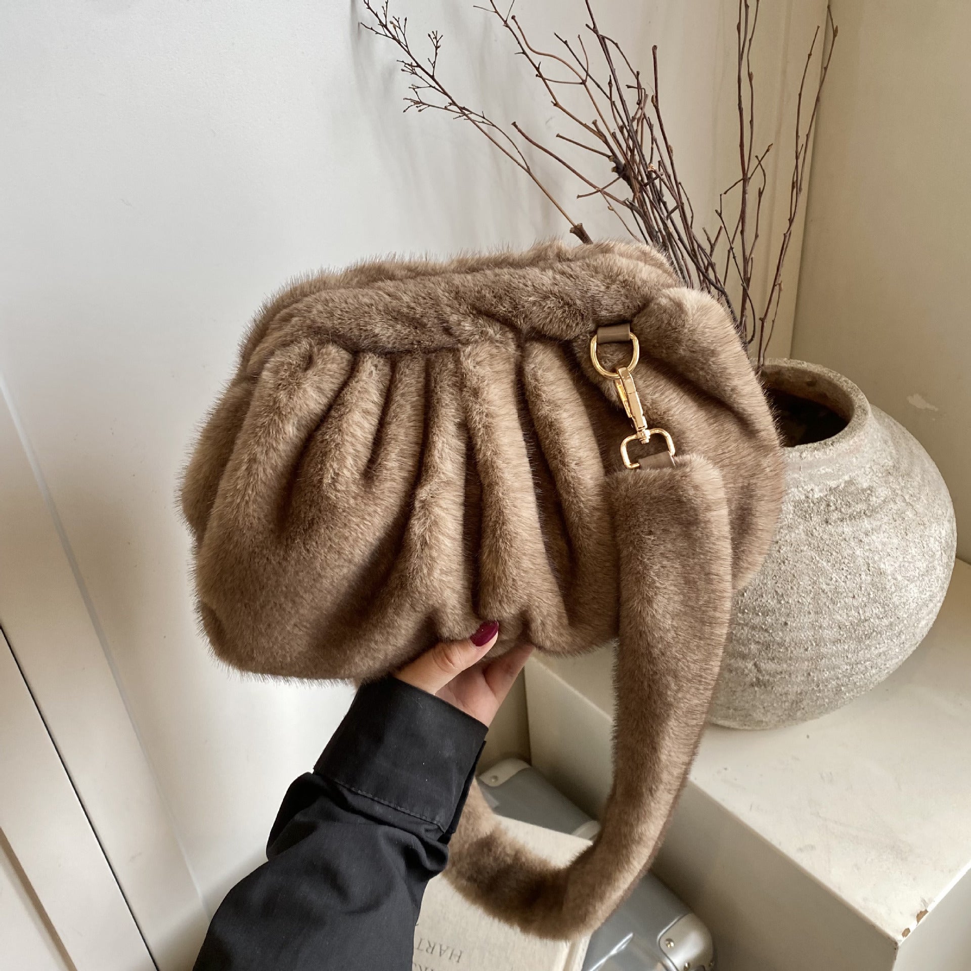 Fluffy Small Messenger Bag Cute Drawstring One Shoulder Fashionable Folds