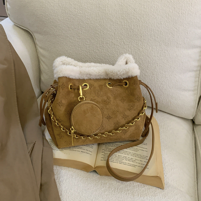 Retro Suede Splicing Bucket Bag Chain Shoulder Messenger Handbag