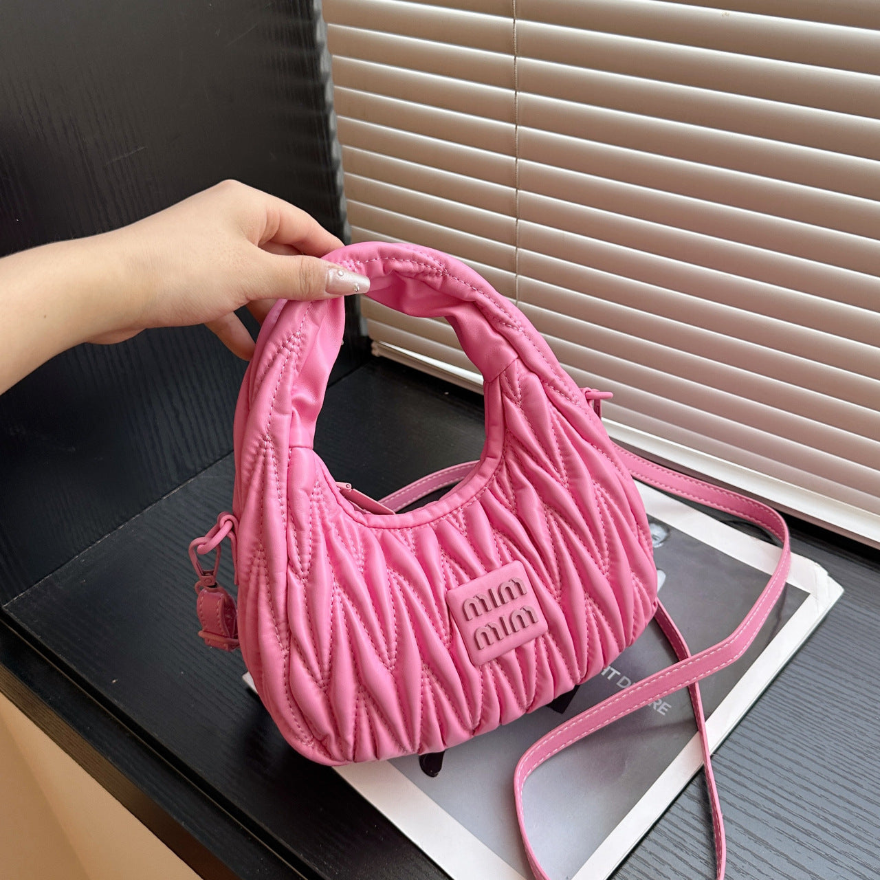 Pleated Crescent Dumpling Embroidered Bowling Shoulder Bag