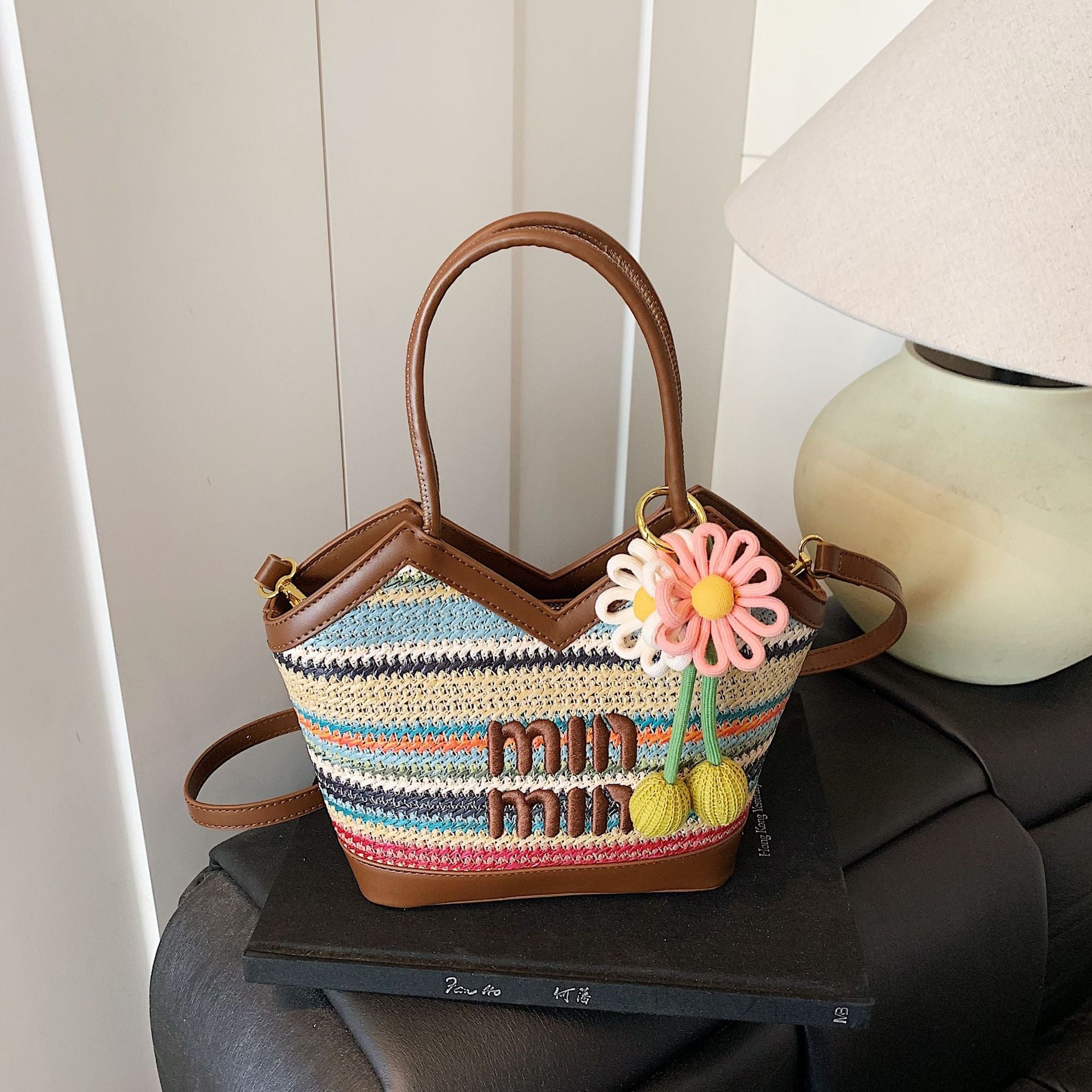 Rainbow Stripe Miu Woven Tote Large Capacity Luxury Bag