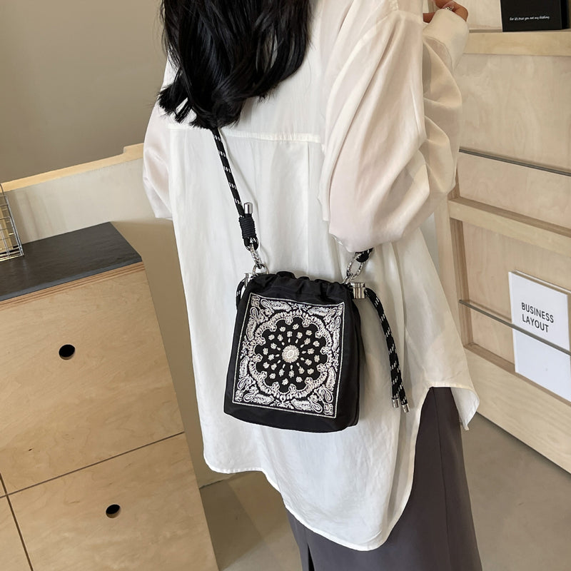 Embroidered Ball Chain Drawstring Bucket Bag Lightweight Crossbody Shoulder Bag