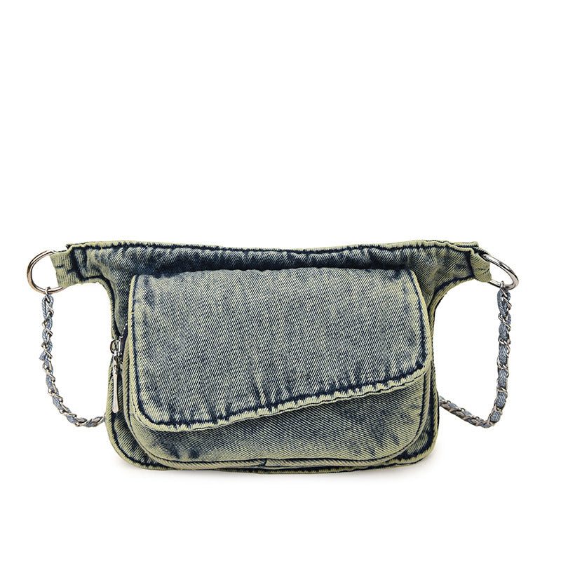Cool Contrasting Color Denim Messenger Bag Splicing Pleated Shoulder Fanny Pack
