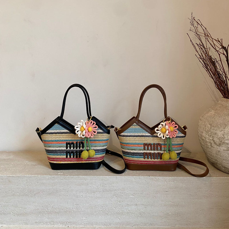 Rainbow Stripe Miu Woven Tote Large Capacity Luxury Bag