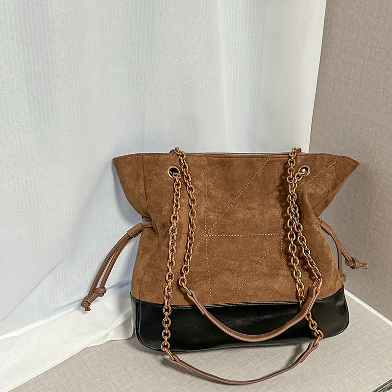 Light Luxury Suede Pleated Drawstring Diamond Tote Bag