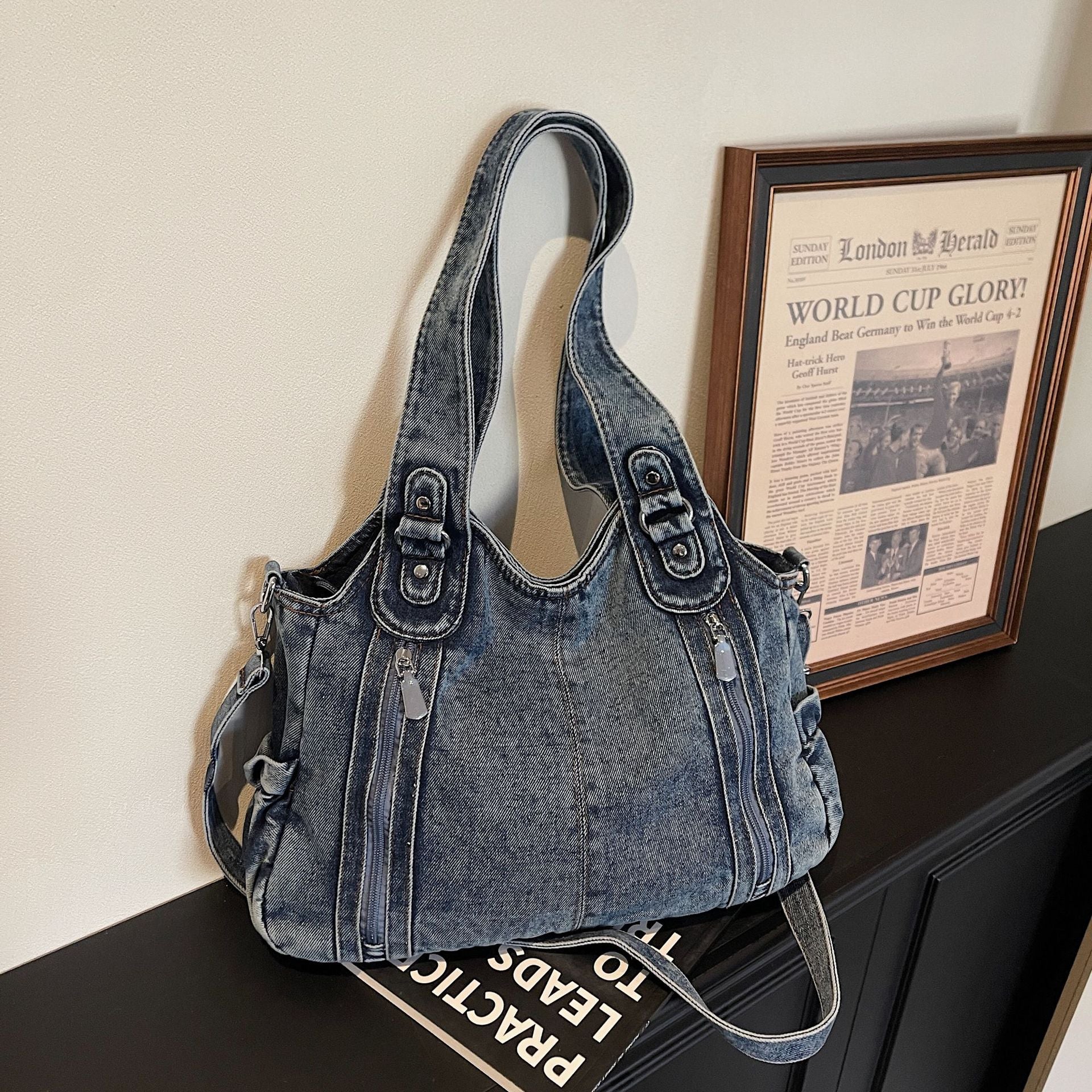 Retro Denim Messenger Bag Large Capacity Commuting Tote