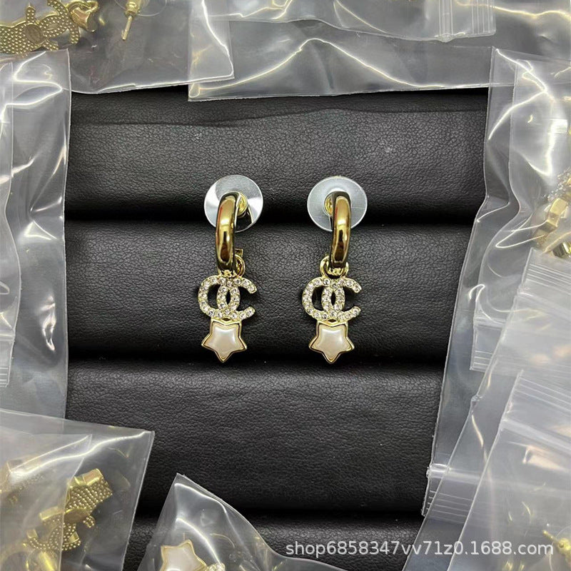 Star Double C Diamond Stud Earrings - Celebrity Style Antique Design