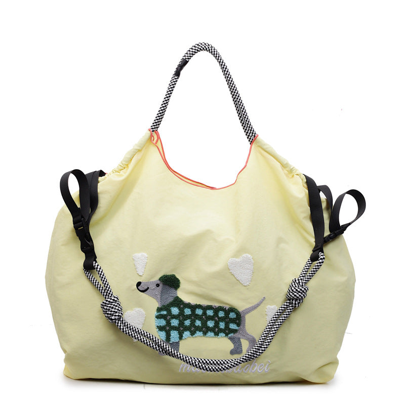 Nylon Dog Embroidery Handbag Folding Shoulder Cartoon Large Capacity Messenger Bag