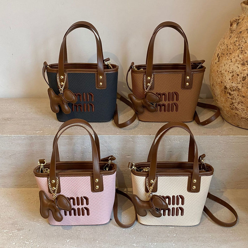 Trend Miu Embroidered Bucket Bag Casual Messenger Handbag
