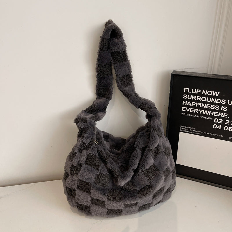 Checkerboard Plush Messenger Bag Versatile Commuter Fashion