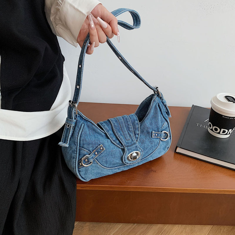 Retro Denim Shoulder Bag Women Lock Personality Splicing Handbag