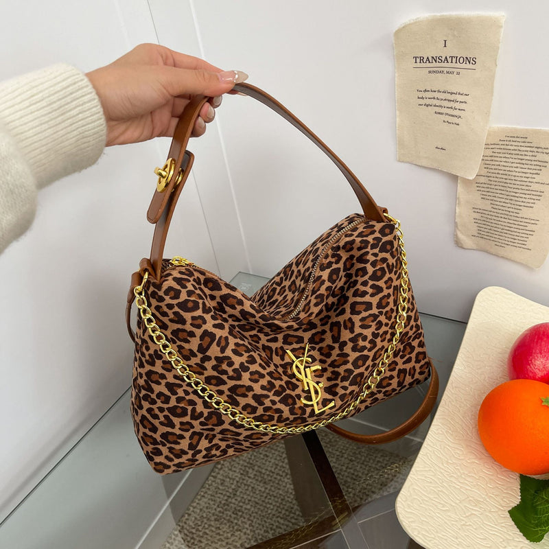 Leopard Print Suede Shoulder Bag Large Capacity Handbag