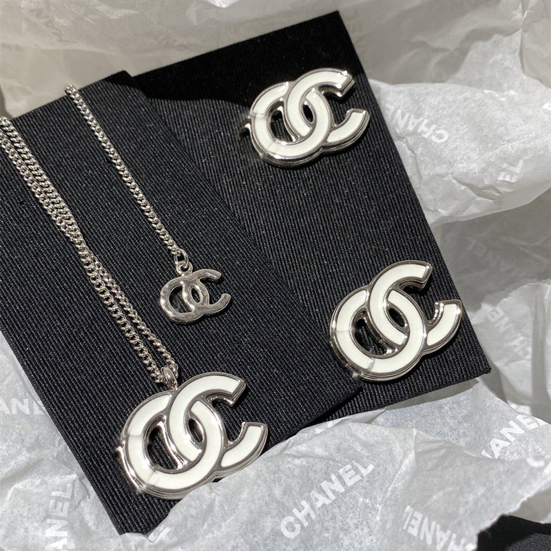 White Enamel Double C Letter Earrings 925 Silver Needle Women Set