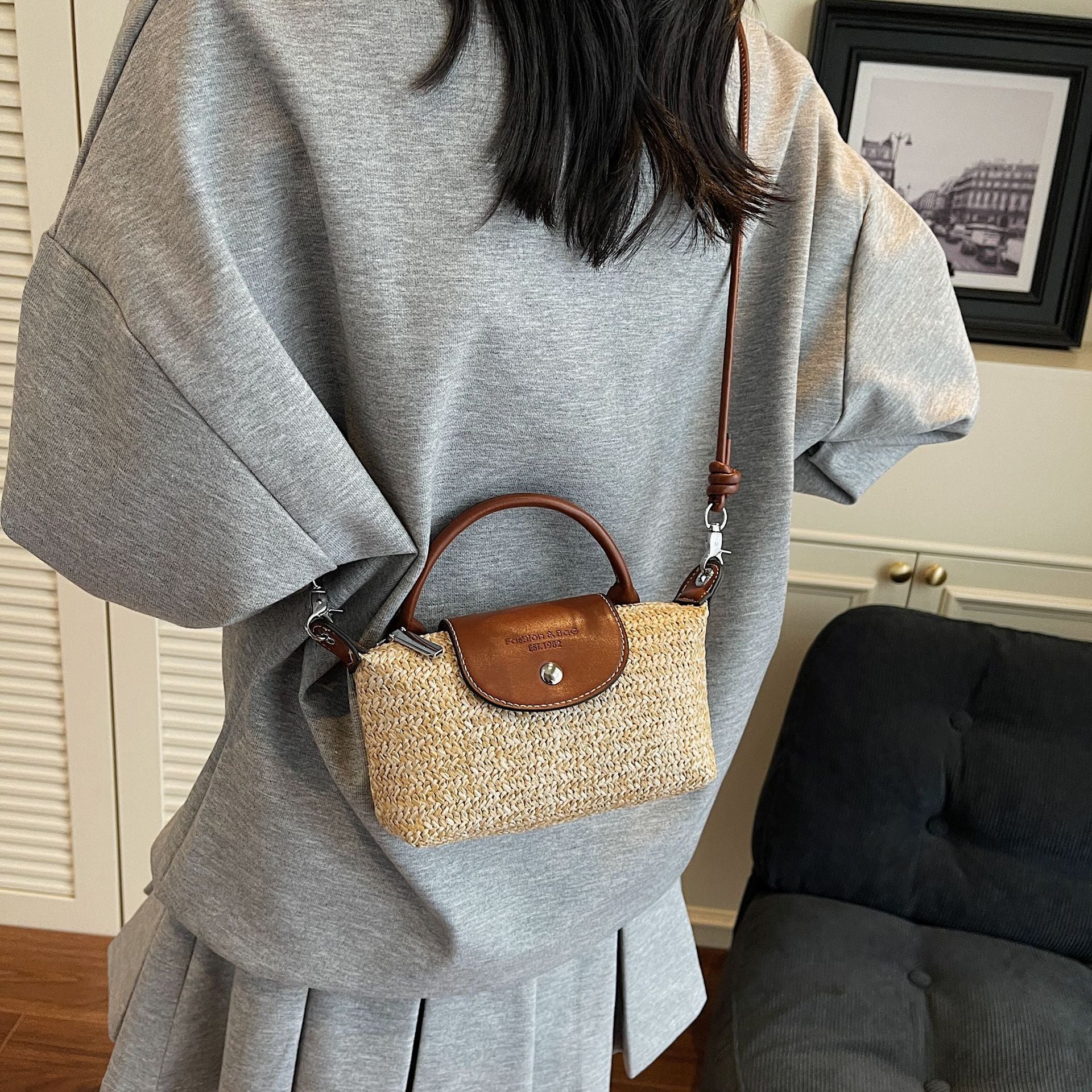 Rainbow Woven Straw Shoulder Bag Casual Crossbody Handbag